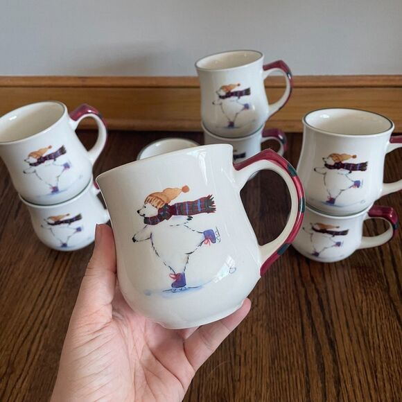 Set of 8 Pfaltzgraff Polar Bear Mugs 14 oz Ice Skating Bear With Hat - Picture 2 of 9